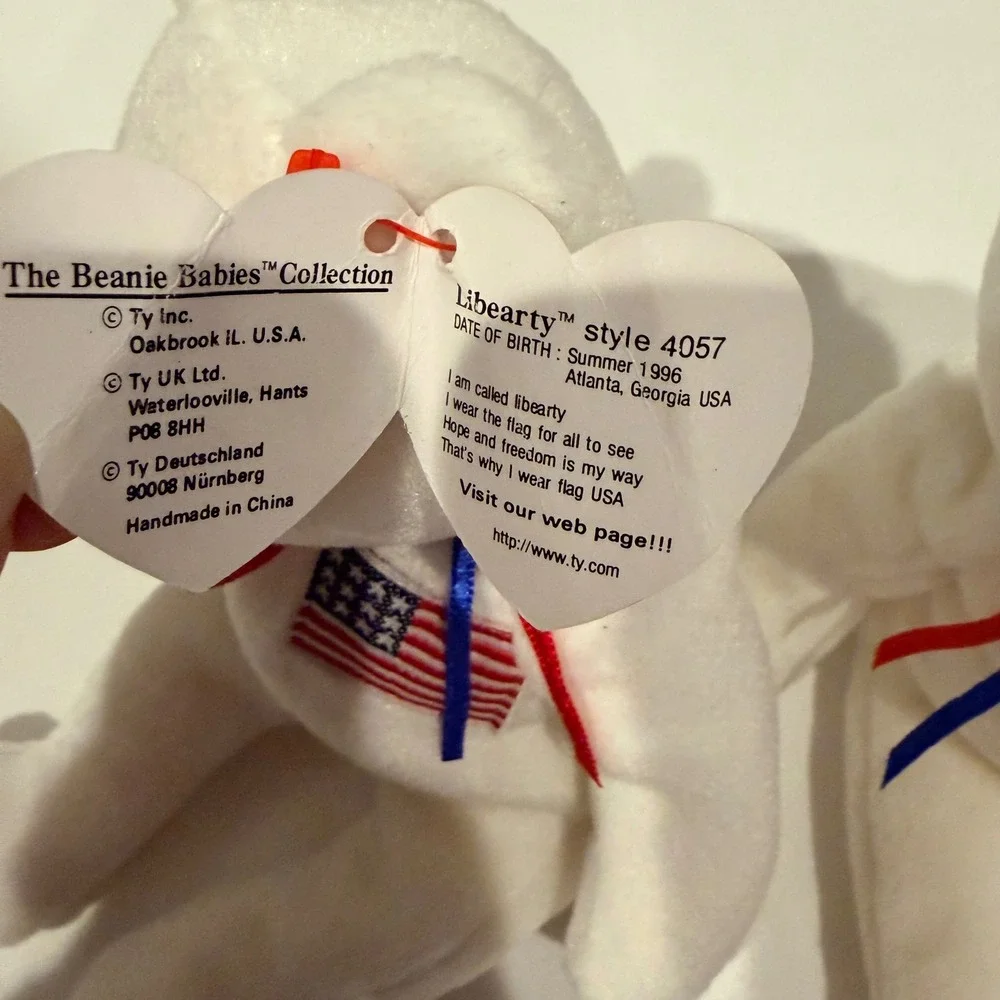 Ty Beanie Babies Libearty the Bear 1996 Set of 2 White American Flag Plush 4057